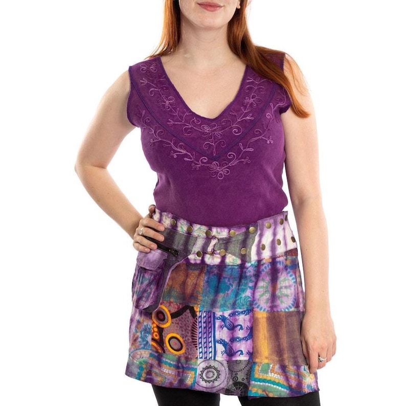 Purple Patchwork Pixie Skirt with Belt & Pocket, Bohemian Cotton image 5