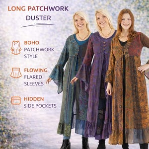 Sadie Bohemian Patchwork Duster Coat – Long Cotton Boho Jacket with Pockets, Flared Sleeves, Reclaimed Fabric, Plus Size, Womens Fall Style