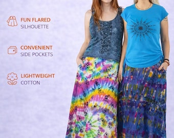 Tie Dye Maxi Skirt with Pockets, Lightweight Cotton, Flared