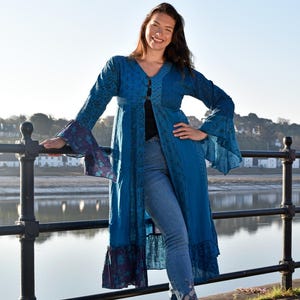 Lucia Blue Patchwork Duster Long Bohemian Handmade Jacket Available from S/M to XXXL