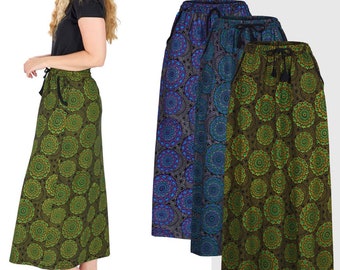 Maxi skirt with pockets Mandala flower long skirt handmade green blue black sizes Small to XXL Plus size