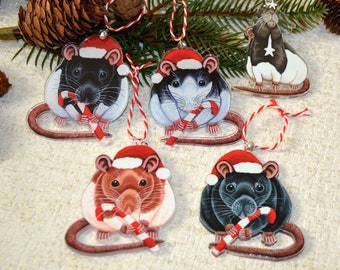 Rat Christmas Decorations Set, Set of Five Festive Rats, Printed Acrylic Charms, Great for Rat Lovers and Gift Idea