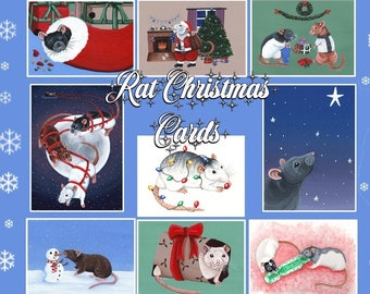 Rat Christmas Greetings Cards Pack - SPECIAL OFFER Choose 10 Cards - Different Designs of Various Rat Varieties - Winter, Snowy, Xmas Themed