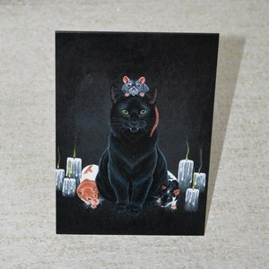 Tarjeta de felicitación de gato negro y tres ratas, gótica, espeluznante, velas, ideal para amantes de las ratas, amantes de los gatos, en blanco por dentro