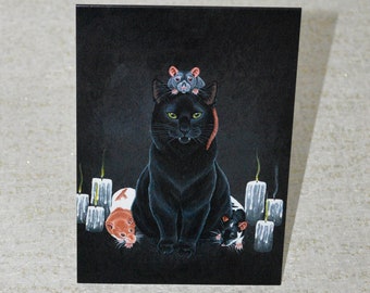 Tarjeta de felicitación de gato negro y tres ratas, gótica, espeluznante, velas, ideal para amantes de las ratas, amantes de los gatos, en blanco por dentro