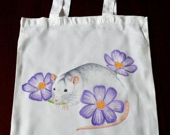 Roan Rat Tote Bag, Grey and White Husky Rat with Cosmos Flowers Shopper