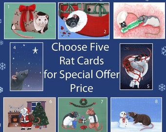 Rat Christmas Card Pack, Pack of Five Cards, Choose Five Designs, Great for Rat Lovers, Xmas Greetings Cards, Rat Owners