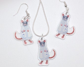 Lab Rat Jewellery, Albino Rat Earrings and Necklace