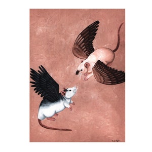 Rat Art Print, Come Fly With Me, A4 Sized Print, Featuring Roan Husky Rat and Siamese Rat, Flying Rats, Rat Gift, Year of the Rat, Rat Lover