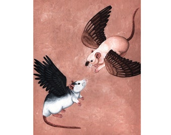 Rat Art Print, Come Fly With Me, A4 Sized Print, Featuring Roan Husky Rat and Siamese Rat, Flying Rats, Rat Gift, Year of the Rat, Rat Lover