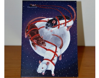 Rudolph the Red Eyed Rat Greetings Card, Rat Christmas Greetings Card, Xmas, Rat Reindeer, Great for Rat Lovers, Midnight Christmas Card