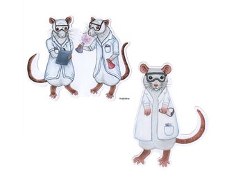 May include: Watercolor illustrations of lab rats wearing safety goggles and white lab coats. One rat holds a clipboard, another pours a pink liquid, and the third holds a beaker. The artwork has a whimsical, scientific theme.