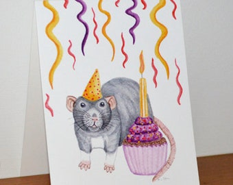 Rat Birthday Card, Rat Celebrating with Cupcake, Birthday Cake, Streamers, Great for Rat Lovers