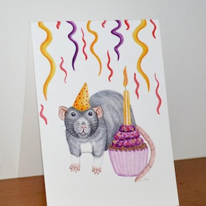 Carte d’anniversaire de rat, fête de rat avec cupcake, gâteau d’anniversaire, banderoles, idéal pour les amateurs de rats