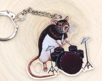 Drumming Rat Keyring, Hooded Rat Playing the Drums Keychain