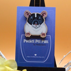Black Capped Rat Pin Badge, Wooden Rat Badge, Rat Lover, Rat Owner, Pocket Pet Pins