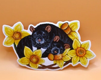 Rats with Daffodils Vinyl Sticker, Large Rat Sticker, Laptop Sticker, Rat Art, Rat Gift, Rat with Flowers Vinyl Sticker