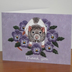 Thank You Rat Greetings Card, Thanks Note Card, For Rat Lovers, Vets, Friends, Just to Say Thank You, Violas, Pansies, Rat and Flowers image 1