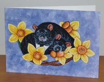 Rats with Flowers Greetings Card - Daffodil Design - Pet Rat Card - Spring, Easter Card, Thinking of You, Birthday Card, Blank Card