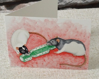 Christmas Cracker Card - Xmas Greetings Card Featuring a Capped Rat and a Grey Hooded Rat - Single Card - Great for Rat Lovers