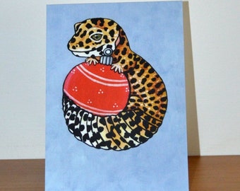 Tarjeta de Navidad Leopard Gecko, tarjeta de felicitación de arte reptil