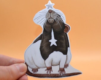 May include: A white and brown rat with a star on its chest looks up at a white star above it. The rat is illustrated in a cartoon style.