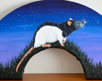 Rat Watching Shooting Stars Original Painting, Curved Canvas Painting, Black Hooded Rat Art