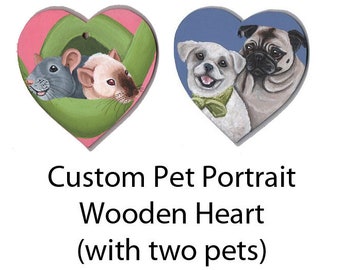 May include: Two custom pet portraits painted on wooden hearts. One heart is pink with green leaves and features a rat and a hamster. The other heart is blue and features a pug and a white dog.