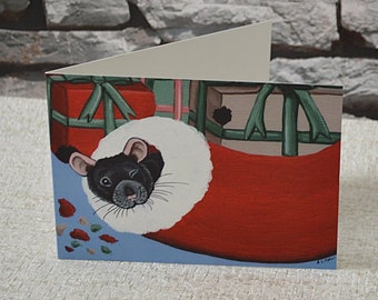 Black Rat Christmas Card - Single Card - Snoozing in a Christmas Stocking Surrounded by Presents