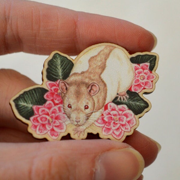 Ratte mit Blumen Pin Abzeichen, Holz Pin Abzeichen, Kapuzen Ratte Geschenk