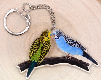 Budgie Keyring Charm, Two Budgies on a Branch Keychain, Bag Charm