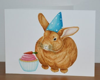 Tarjeta de cumpleaños de conejo, tarjeta de felicitación de conejo de casa