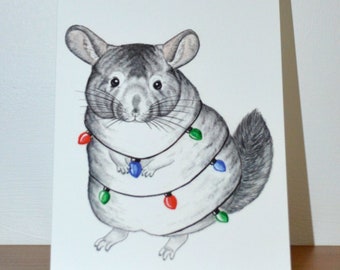 May include: A gray chinchilla with a fluffy tail is wrapped in a string of colorful Christmas lights. The lights are red, green, and blue.