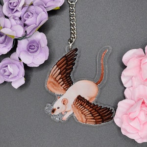 Siamese Winged Rat Keyring, Rat Acrylic Charm Keychain, Rat Owner Gift