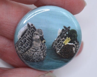 Ducks Button Badge, Mallard Ducks Swimming Pin Badge