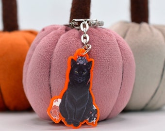 May include: A black cat keychain with a pink, orange, and beige fabric pumpkin background. The cat is surrounded by smaller cats and mice.
