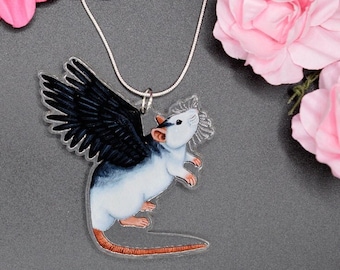 Roan Rat Necklace, Winged Rat Pendant Design, Wearable Rat Art, Rat Acrylic Charm