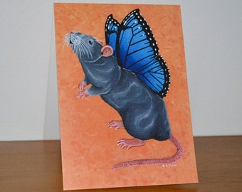 Tarjeta de felicitación de rata gris, mosca de cascabel - rata con alas de mariposa, mariposa morfo azul, ideal para los amantes de las ratas, tarjeta de notas, tarjeta de felicitación