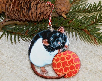 Black Hooded Rat Christmas Decoration, Pet Rat Xmas Tree Ornament