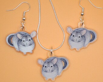 Chinchilla Pendant and Earrings, Grey Chinchilla Jewellery Set