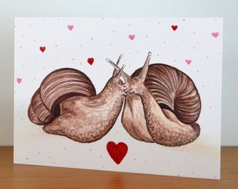 Tarjeta de felicitación de caracoles, caracoles de amor, diseño de tarjeta de caracol terrestre gigante africano, caracoles de San Valentín, amigos caracoles, tarjeta de aniversario de caracol