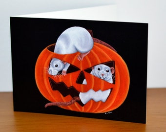 Halloween Pumpkin Rat Greetings Card, Spooky Card for Rat Lovers, Albino Rats, Halloween Celebrations, Great for Rat Lovers