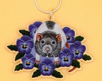 Rat with Flowers Necklace, Rat Charm Pendant, Violas, Pansies, Pet Rat Lover, Wearable Rat Art