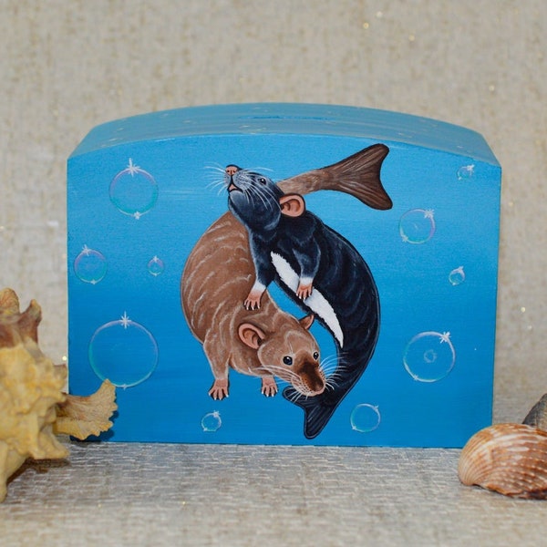 Rat Money Box, Mermaid Rat Fantasy Design, Hand Painted Wooden Money Box