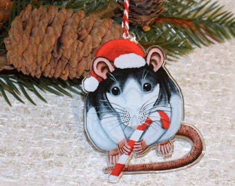 Santa Rat Christmas Decoration, Hanging Xmas Dec, Roan Husky Rat with Candy Cane Decoration, Great for Rat Owners