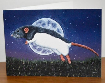 Rat Greetings Card, Rat Memorial Card, Moonlight Rat Art