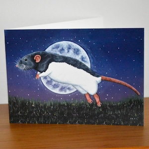 Tarjeta de felicitación de rata, tarjeta conmemorativa de rata, arte de rata a la luz de la luna