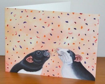 Tarjeta de felicitación de rata de celebración, tarjeta de rata con capucha negra y husky/roan, cumpleaños, celebración, bien hecho, tarjeta pensando en usted para los amantes de las ratas