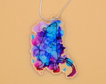 Splodgy Rat Necklace, Ink Splattered Rat Design, Rat Acrylic Charm Pendant