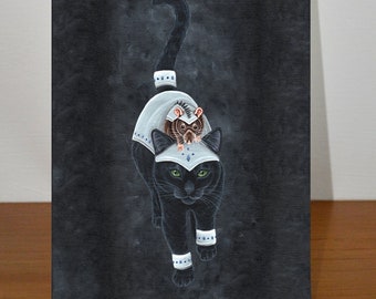Tarjeta de felicitación de gato negro y rata - Diseño de gato blindado - Gato y rata de fantasía